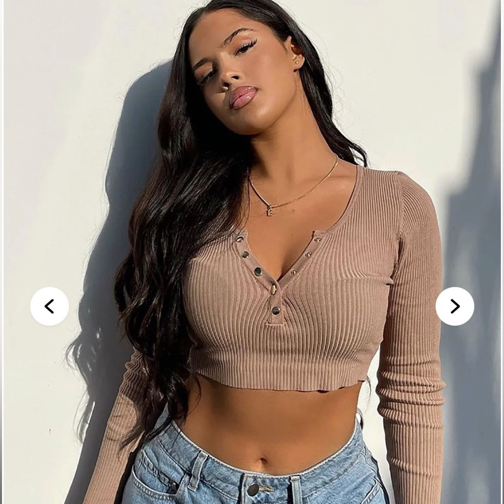 Ribbed Button-Up Crop Top - Tan